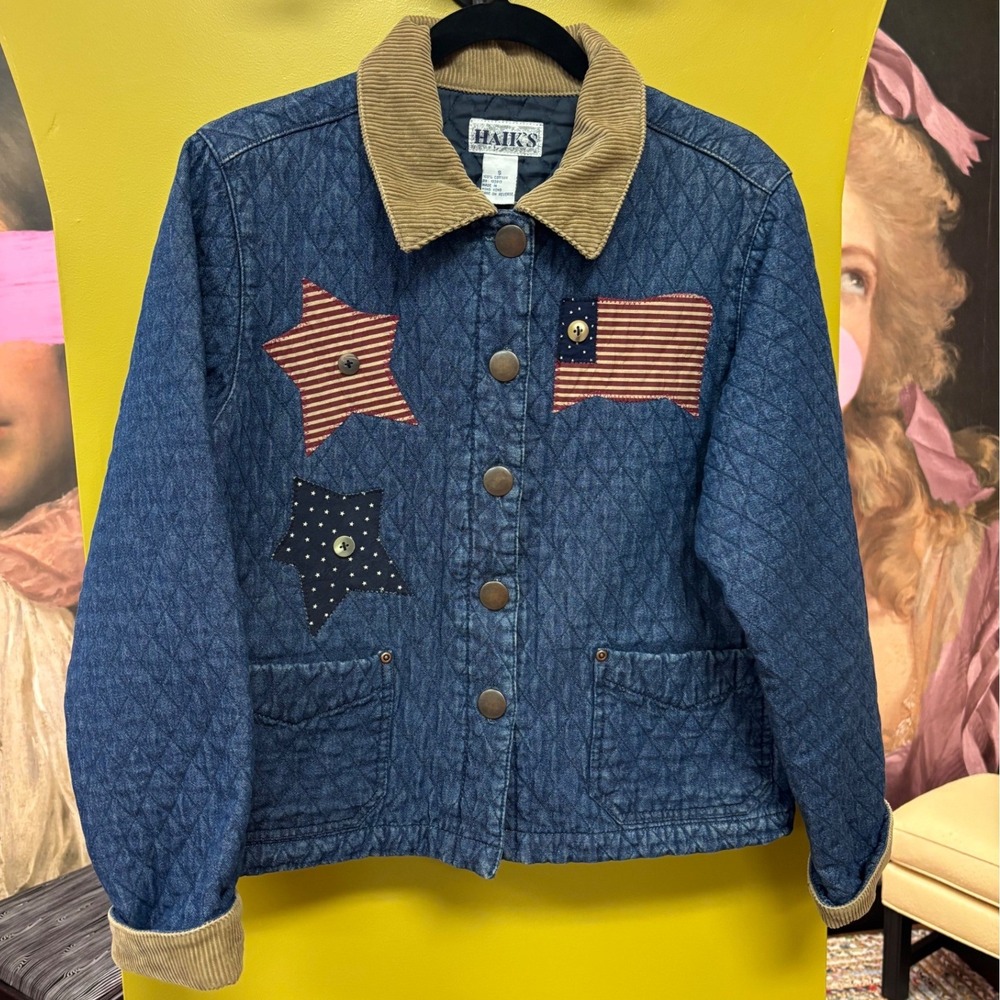 Haiks Vintage 90s Quilted Denim Americana Flag Star Jacket Corduroy Cottage S - Picture 2 of 10